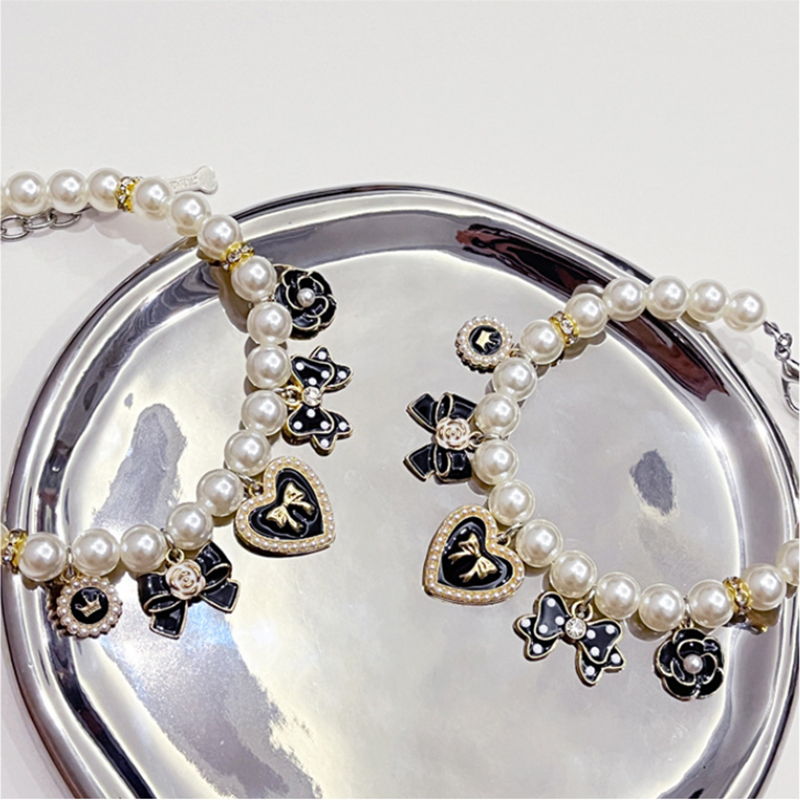 Luxury Dog Pearl Necklace with Love, Bow, Flower, 5 Black Gold Charms, Cat Dog High Quality Pearl Necklacefor for Small Medium Dogs Birthday Gift, Adj