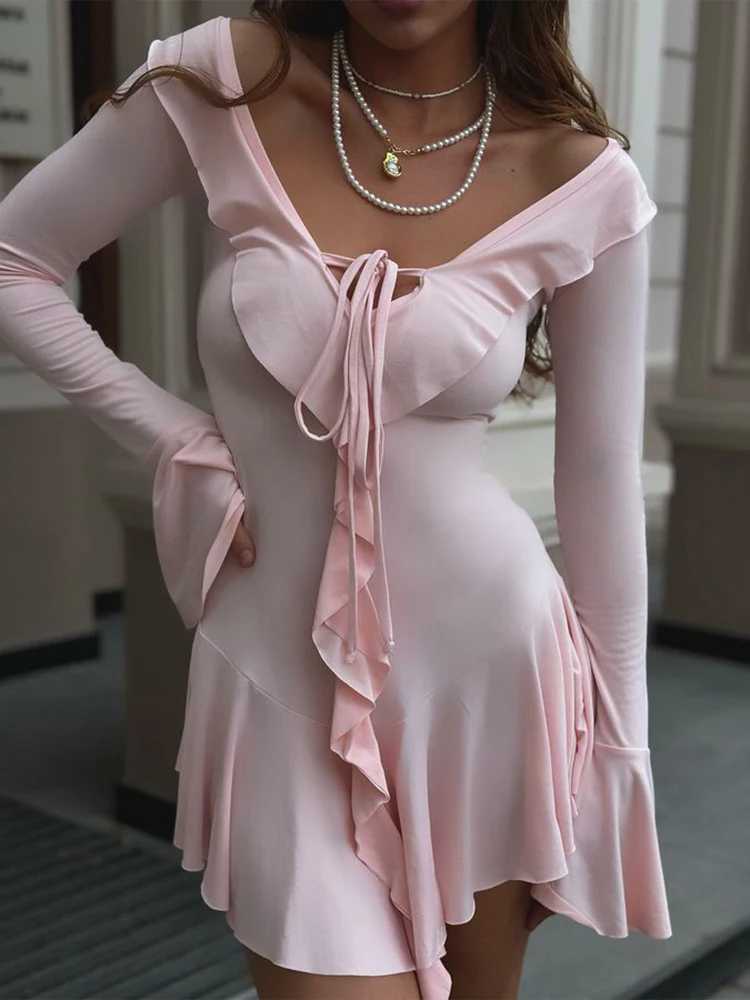 Basic Casual Dresses Fantoye Elegant Flare Slve Ruffles Bandage Women Dress White Dp V-neck Mini Dress Female Autumn Slim Fashion Party Clubwear H2521