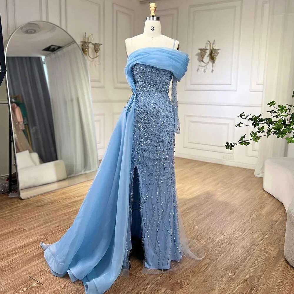 Arabic Blue Mermaid Elegant One Shoulder Evening Dresses Gowns Beaded Party Customize BLA