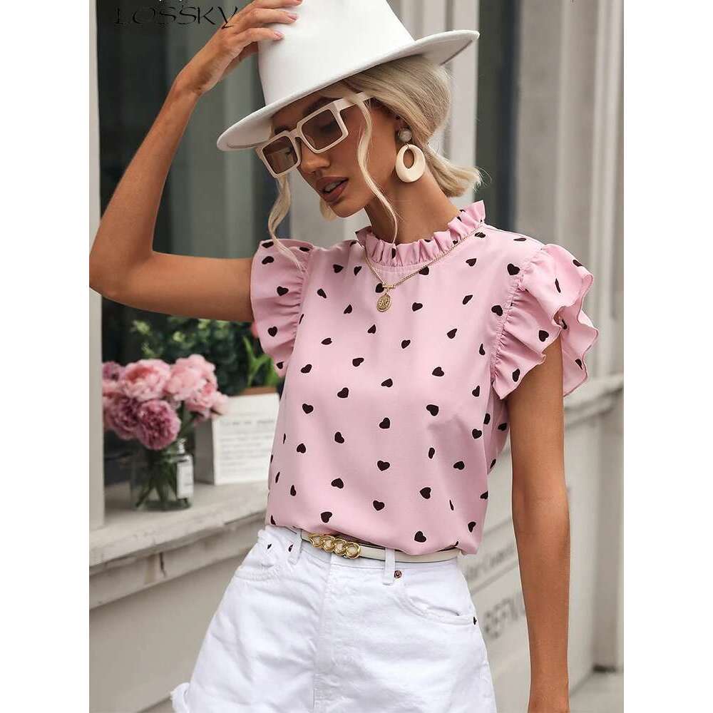 Fashion Chiffon Print Women's Shirt Casual Ruffle Short Sleeve Top Pink Chic Woman Blouse And Shirts Elegant Blouses Summer 2022