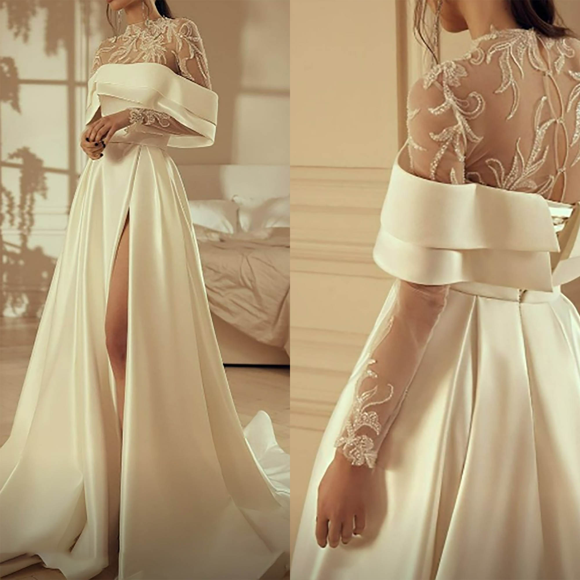 Classic Simple A-Line Tulle Prom Dresses Satin Evening Party Dresses Floor-Length Off The Shoulder Gowns With High Split Special Occasion Customized V