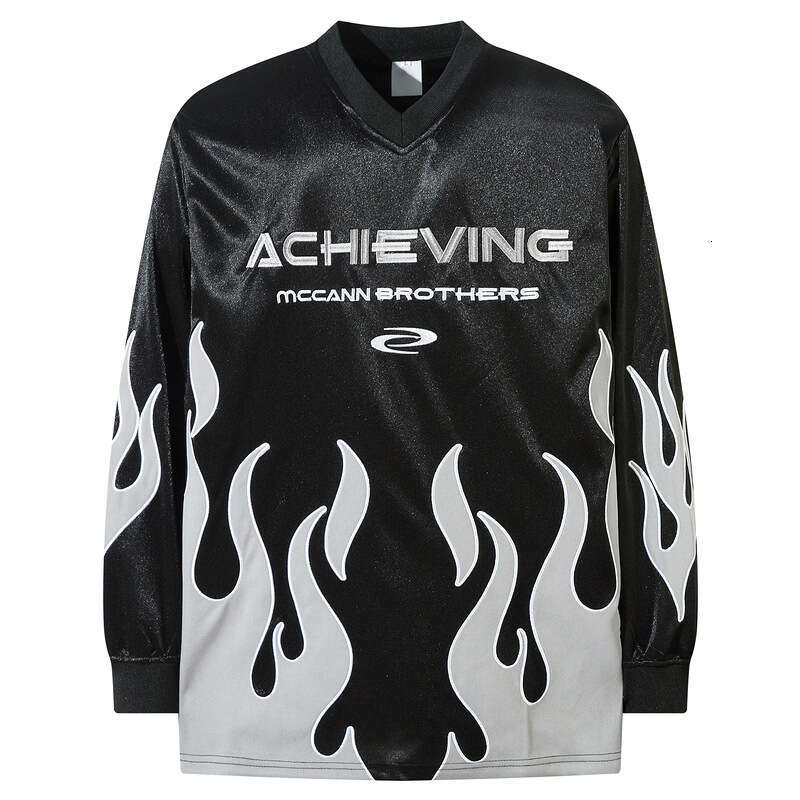 Heavy Industry Flame Embroidered Patchwork Glossy Bright Satin American Sports Football Personalized Unisex T-shirt