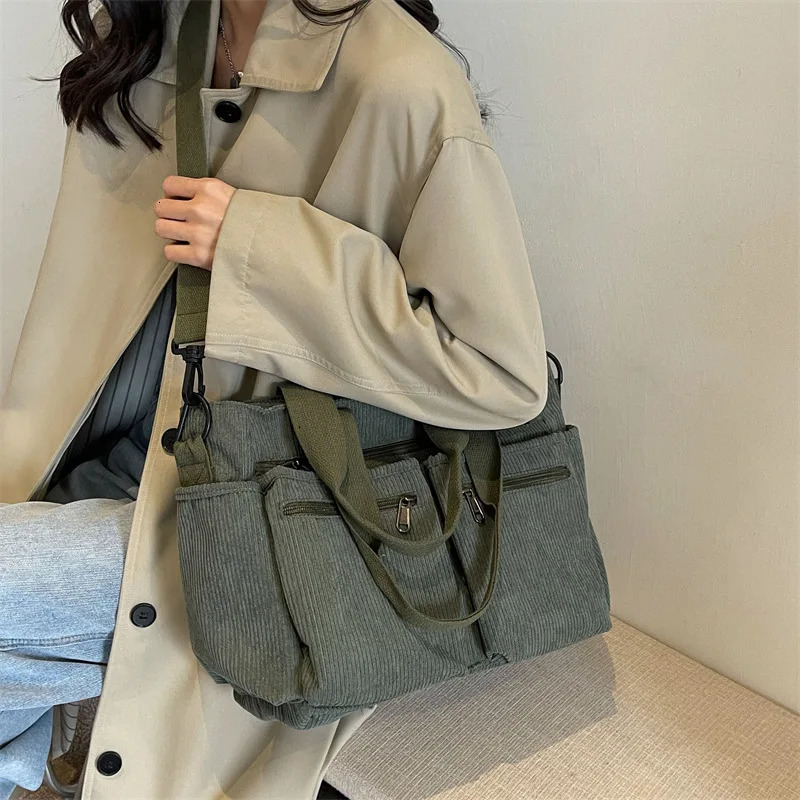 Female Large Capacity Corduroy Tote Bag Korean Style Fashion Women Shoulder Crossbody Worker Handlebag 250206