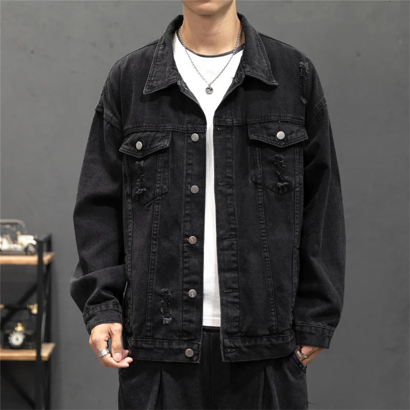 Spring Autumn Mens Denim Jacket Cotton Hole Jeans Jackets Men Coat Loose Casaul Streetwear Hip Hop Jean 250214