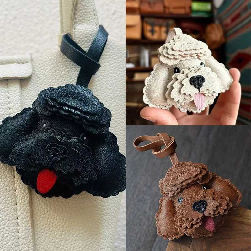 Keychains Lanyards Handmade Genuine Leather Cute Puppy Bag Keychain Pendant Car Key Ring For Women Men Charm DIY Accessories Couple Lover Gift H250217