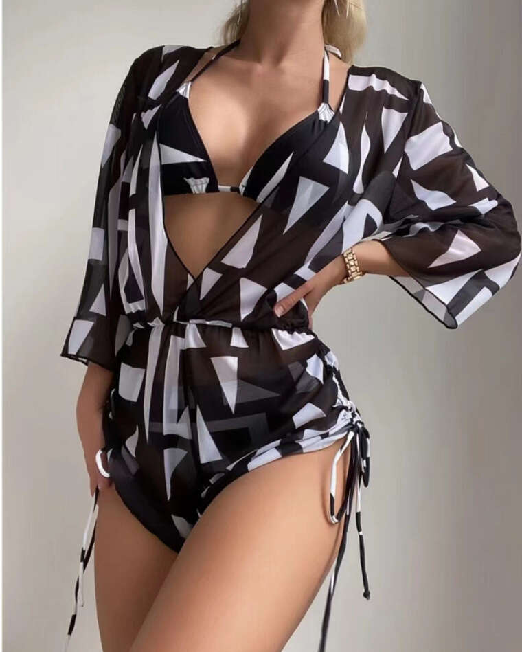 European and American Three piece Bikini Leaf Printed Waist Strap Long Sleeve Beach Anti roll Swimsuit 2025 New Casual Fashion Trendy Clothing