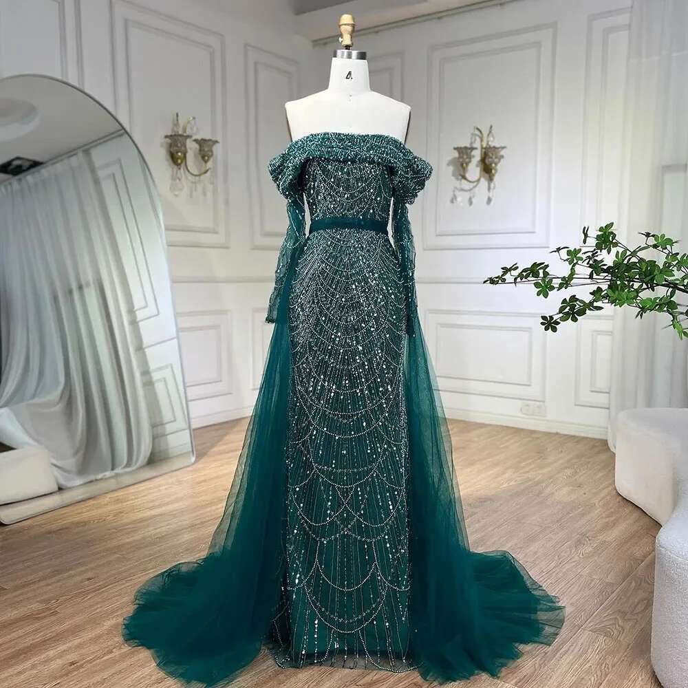 Arabia Dubai Nude Mermaid Boat Neck With Overskirt Evening Dresses Gown Customize Evening Party