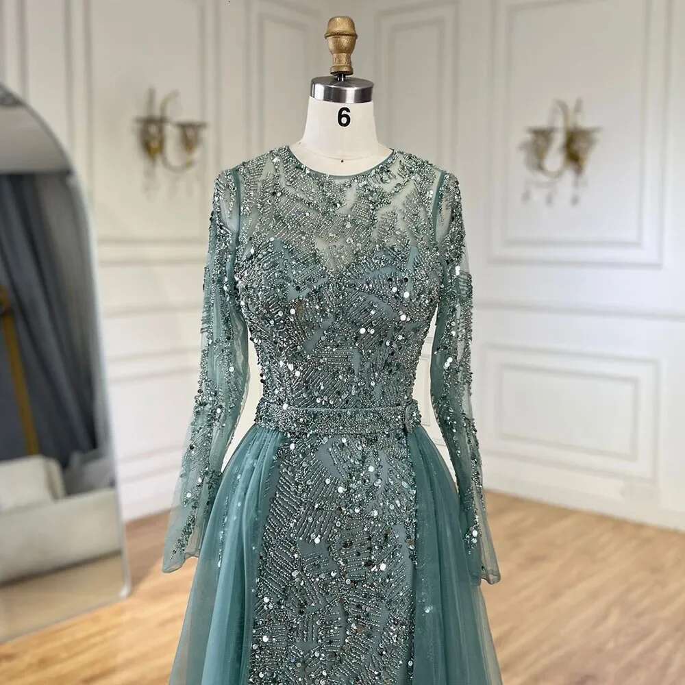 Turquoise Arabic Mermaid Gown With Tulle Overskirt And Beaded Evening Gowns Customize Wedding Party BLA s