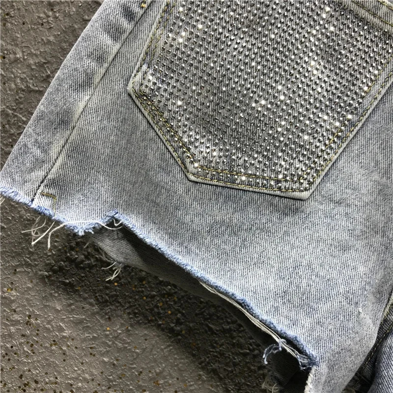 Summer Ladies Womens High Waisted Rhinestone Tassel Ripped Irregular Blue White Denim Shorts Woman Korean Jeans Shorts 250217