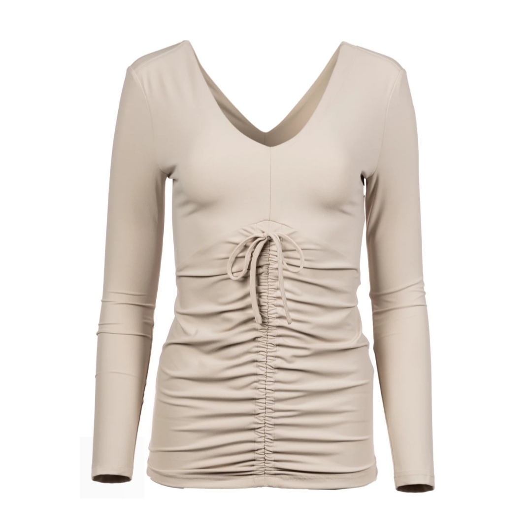 Factory Order Beige Gray V-neck Stretchy Long-sleeves Sweater Top with Drawstring