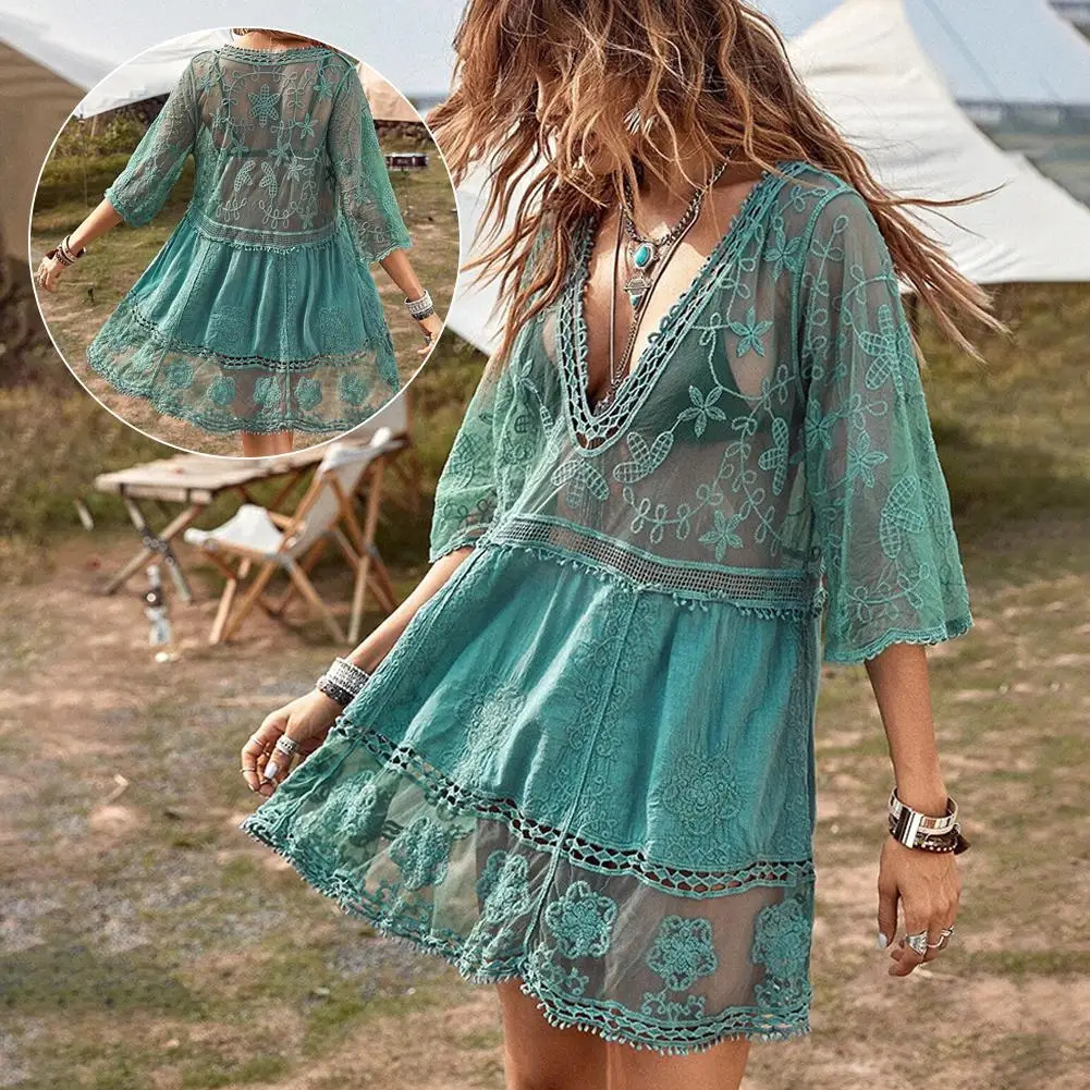 Sexy Womens Mesh Bikini Coverup Deep Vneck Swimsuit Set Summer Beach Short Sleeve Dress Lace Hollow Out Clothes 250212
