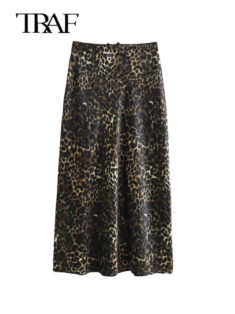 TRAF Women Vintage Chic Leopard Skirt Fashion Spring Summer Holiday Zipper Long Straight 250213