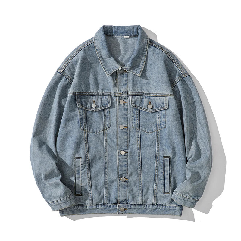 TRAF Fashion Tooling Denim Jacket Mens Spring And Autumn American Retro Loose Lovers Lapel 250210