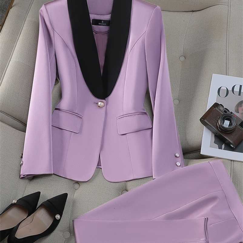 Office Ladies Pant Suit Yellow Red Purple Apricot Female Business Work Wear Jacket Blazer and Trouser Formal 2 Piece Set 250206