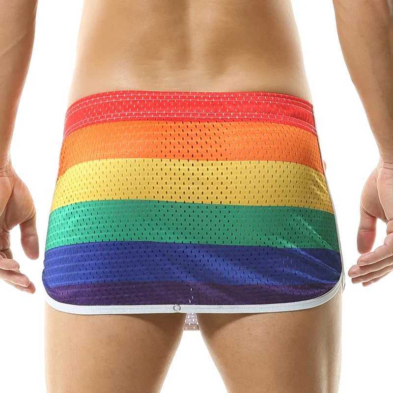 Mens Rainbow Swimsuit Swimming Trunks Mesh Breathable Mens Swimwear Bathing Suit Male Beach Surf Sport Shorts M250218