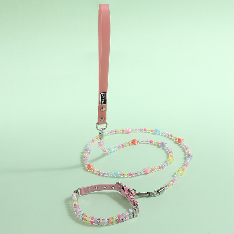 Fashion Dog Leather Collar with Two Rows of Colored Beads, Dog Collar Leash Set for Small Medium Dogs, Pet Neck Decoration, Adjustable Pet Collar Pink