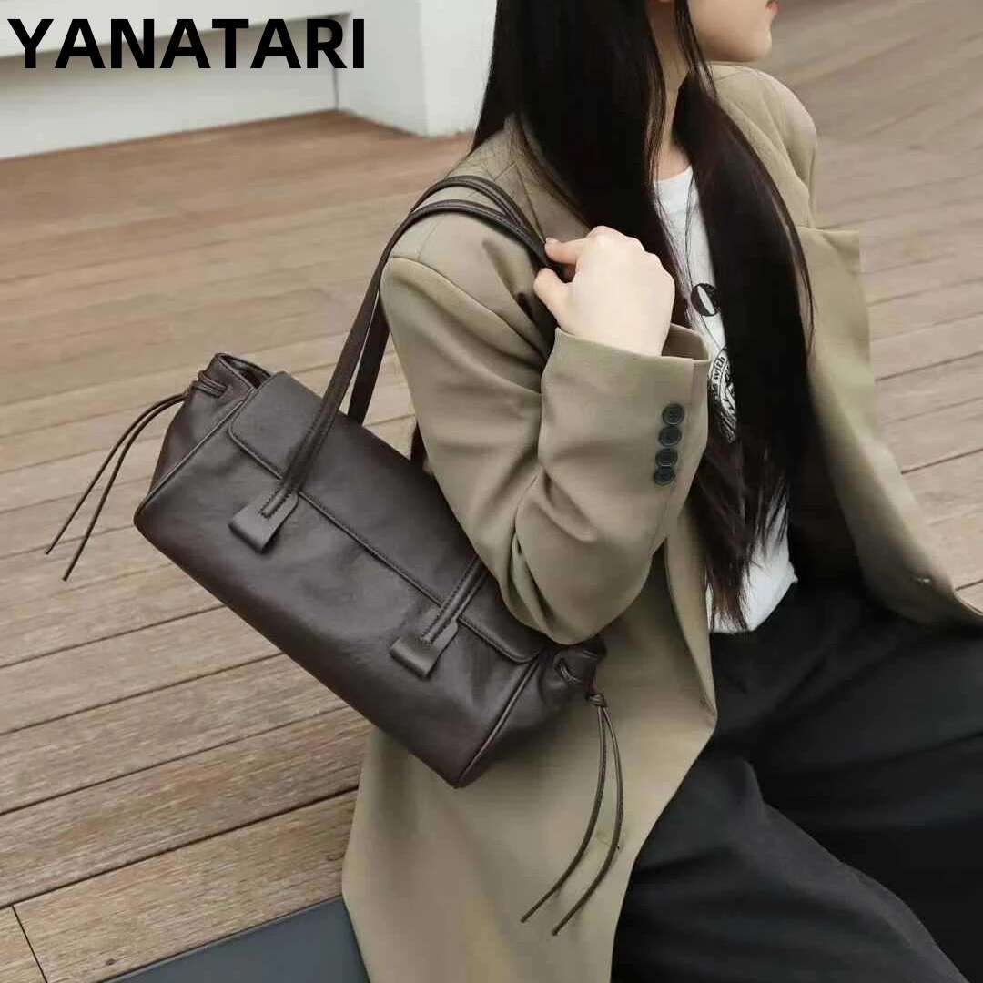 YANATARI Genuine Leather Woman 2025 Korean Vintage Long Shoulder Bag Handbags Ladies High-Capacity Underarm Bag