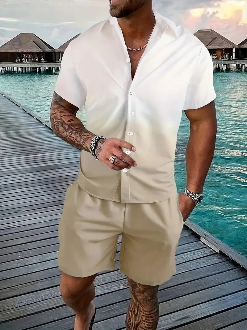 Summer Mens Shirt Shorts Two-piece Set Fashionable Lapel Shirt Set Gradient Printing Leisurefashiondating Good Products 250217