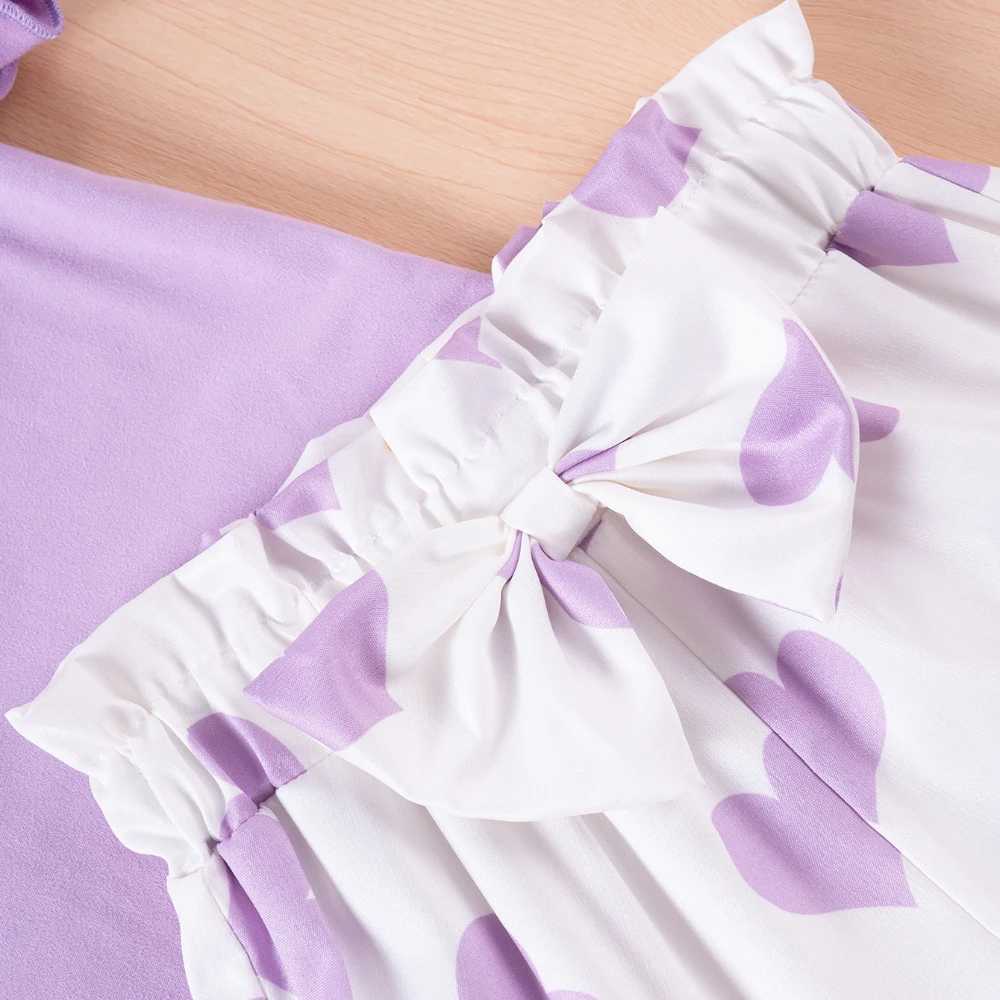 2 Summer Girls Set Round Neck Childrens Clothing Sweet Solid Color Top+Heart Shaped Printed Shorts Soft Skin Friendly W250218