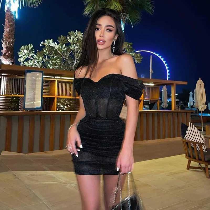 Basic Casual Dresses Lygens Off The Shoulder Glitter Corset Mini Dress Ruched Bodycon Mini Dress Sexy Party Elegant 2023 Fashion Y2K Women Clothing H2