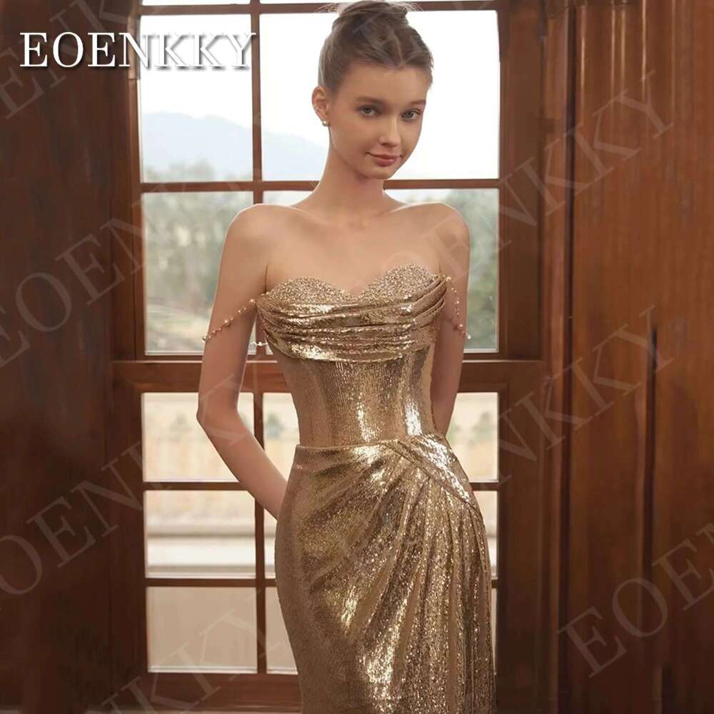 Sparkly EOENKKY Gold Evening Dresses Woman Elegant Sequin Mermaid Sweetheart Pageant Prom Dress Off Shoulder Party