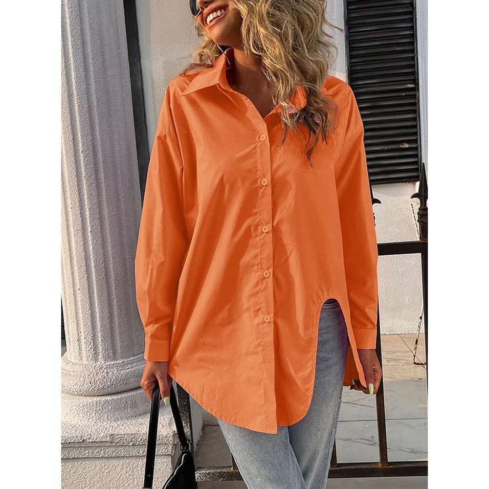 2024 Spring And Summer New Women's Solid Color Single Row Of Buttons Blouse Temperament Casual Round Neck T-Shirt Asymmetric