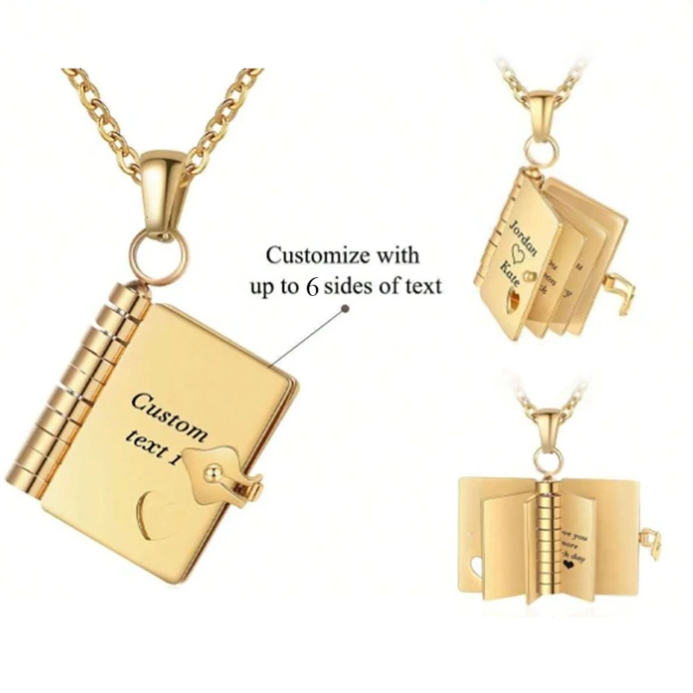 Stainless Steel Book Pendant Necklace Openable Engrave Personalized Custom Multipage Words Jewelry Gift 250214