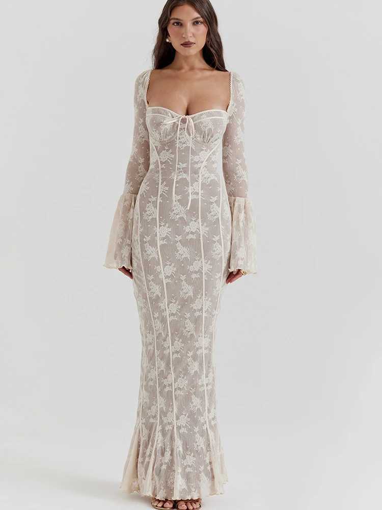 Basic Casual Dresses Fantoye Sexy Square Collar Maxi Dress For Women Black Long Slve Lace Up Dress Female Autumn Skinny Elegant Party Club Outfits H25