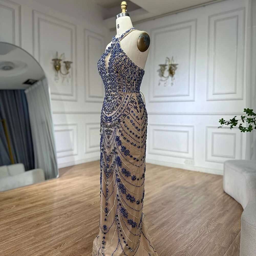 Blue Elegant Saudi Arabic Halter Neck Evening Gown Crystal Beaded Dress For Formal Ocn Customize BLA mal