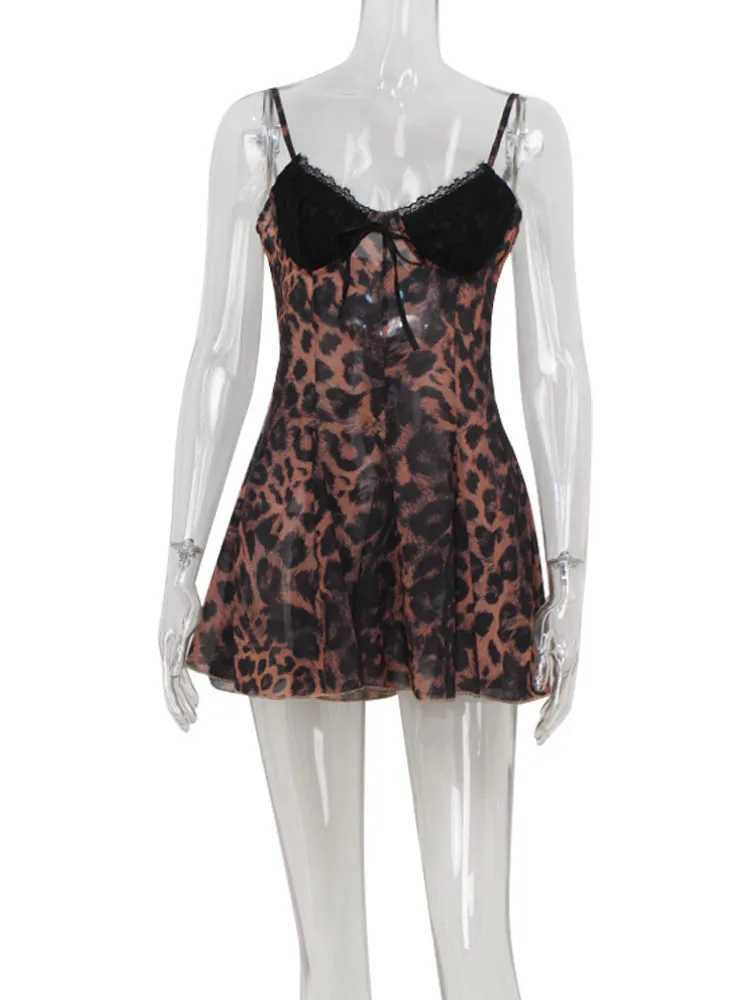 Basic Casual Dresses Ahagaga Sexy Leopard Womens Mini Dresses Camisole Slveless V-Neck Slim Fit Lace Bows Blackless Strtwear Bodycon Vestidos H25217