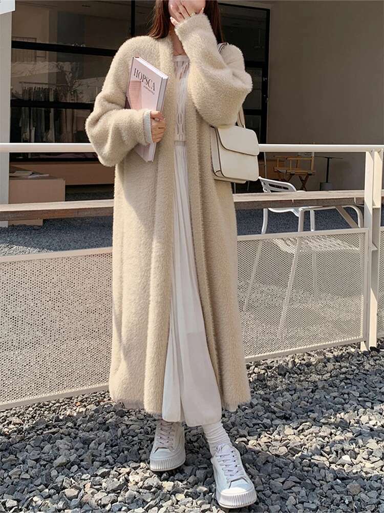 Women's 2024 Autumn And Winter New Style Simple Hem Slit Hollow Women's Cashmere Cardigan Medium-Length Knitted Jacket