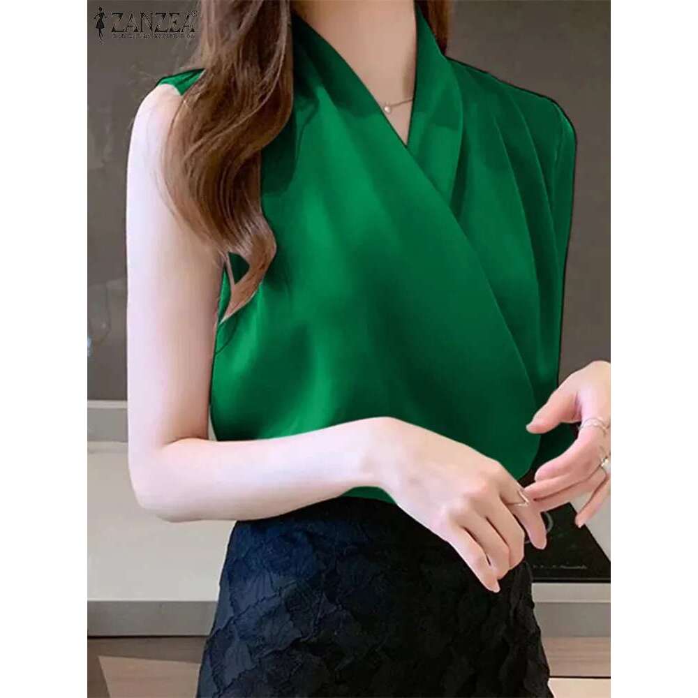 Elegant V Neck Sleeveless Satin Blouse 2024 ZANZEA Summer Women Office Work Tops Female Casual Solid Pleated Shirt Blusas Mujer