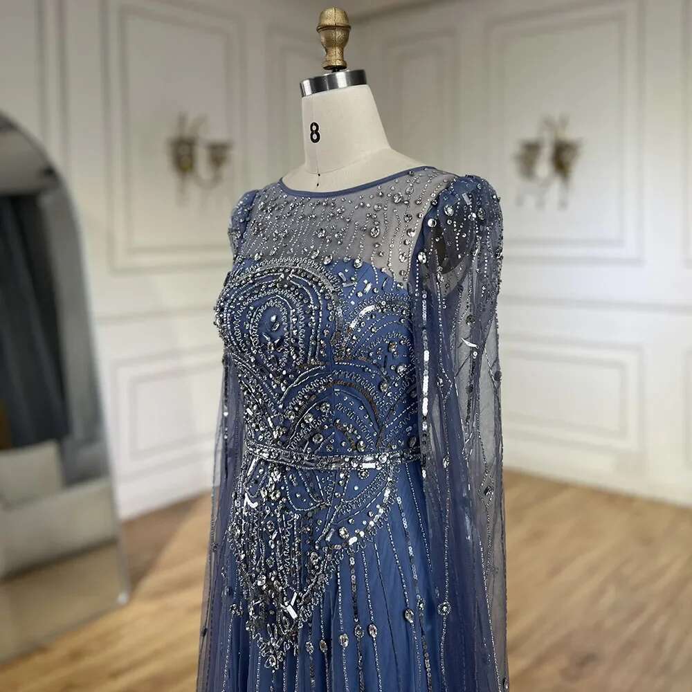 Blue Dubai Cape Sleeves A E Beaded Stone Arabic Evening Gowns Customize Wedding Party BLA rabic vening BL