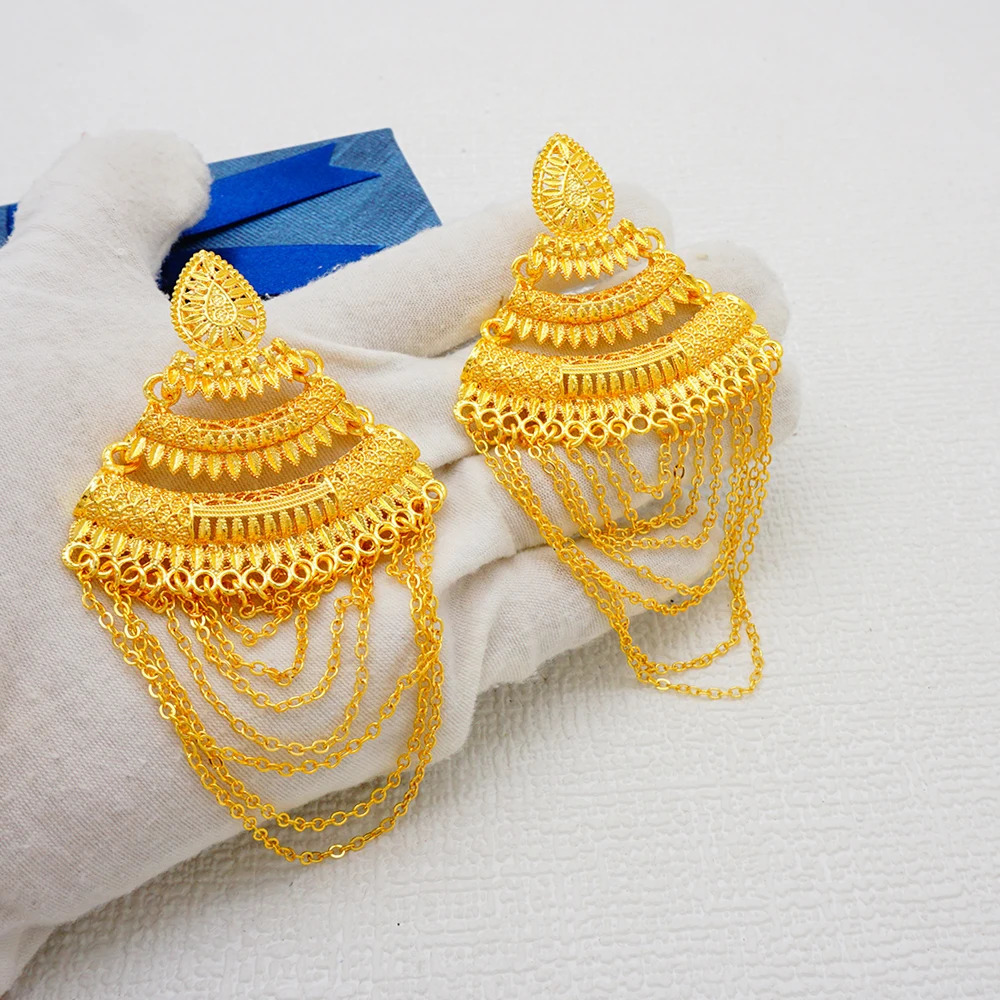 y African Gold Color Tassel Drop Dangle Earring For Wedding Party Jewelry Dubai Arabic Indian Copper Long Hanging Earrings 250213