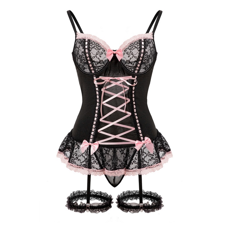 Elegant Women's Lolita Style Lacy Ruffled Lace-Up Bodice & Thong Garter Set with Bowknot Detail and Leg Bands