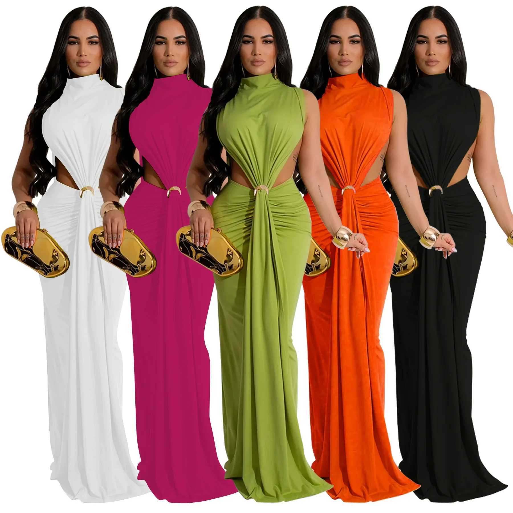 Basic Casual Dresses Women O-neck High Split Ruched Stacked Bodycon Midi Maxi Dress 2025 Evening Party Club Vestidos Sexy Chic Long Dresses H25217