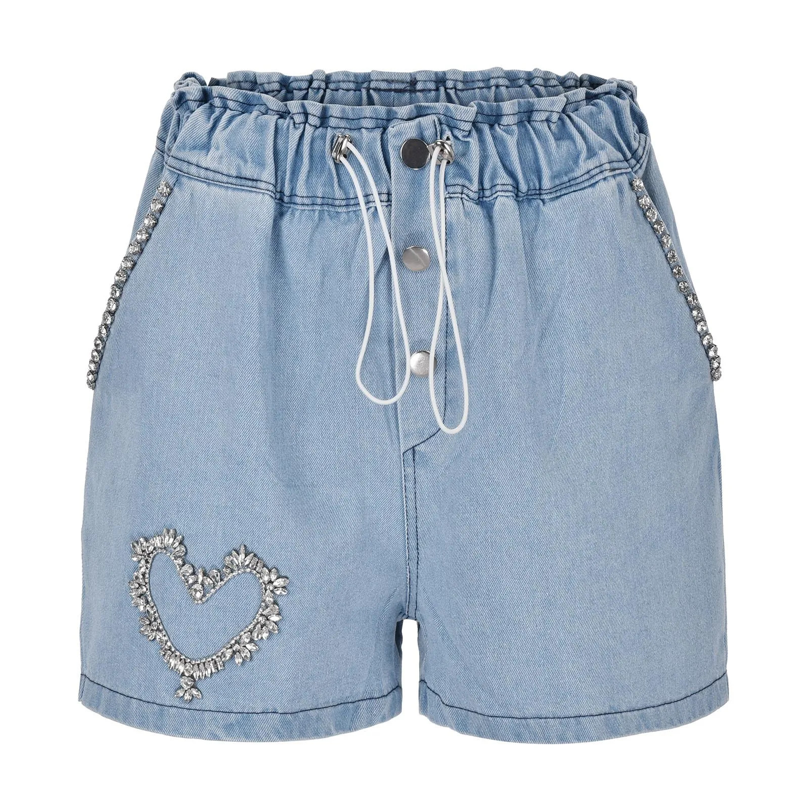 Light Blue Heart Rhinestone n Wide Leg Shorts Women Jeans Single Breasted Elastic High Waist Straight Shorts Denim Shorts 250217