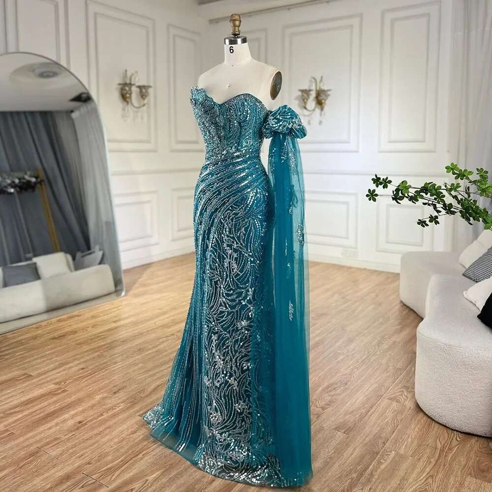 Green Customized One Shoulder Beaded Mermaid Evening Dress With Side Cape Sleeves For Formal Ocn BLA mal
