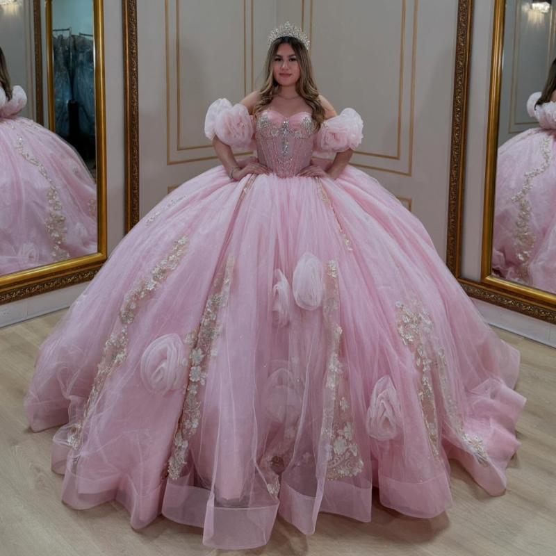 Pink Quinceanera Dresses Ball Gown Off Shoulder Appliques Flower Beading Crystal Tull Sweet 16 Dress Vestidos 15 De Anos