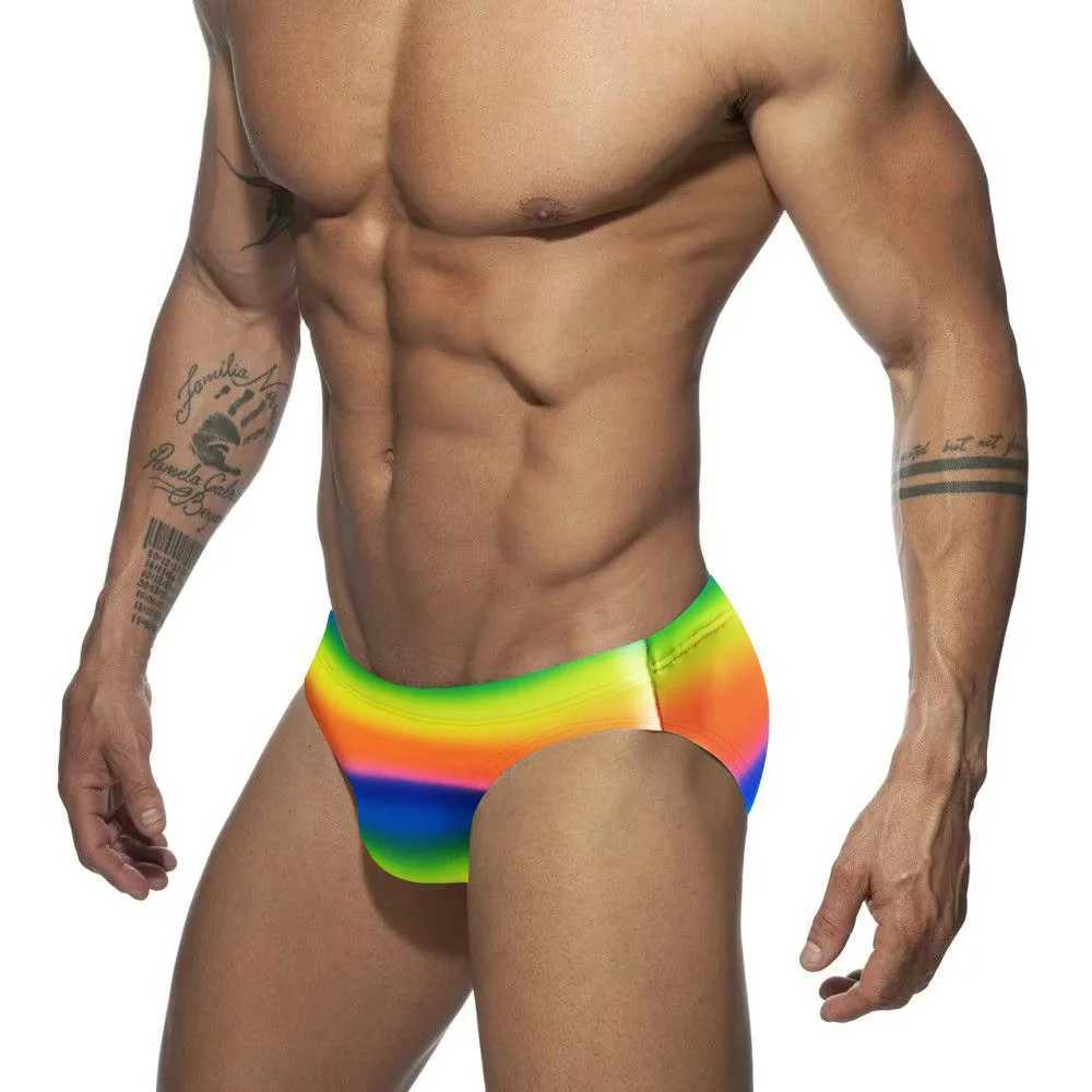 Mens swimming trunks rainbow print low waist sexy cup tether triangle swimming trunks M250218
