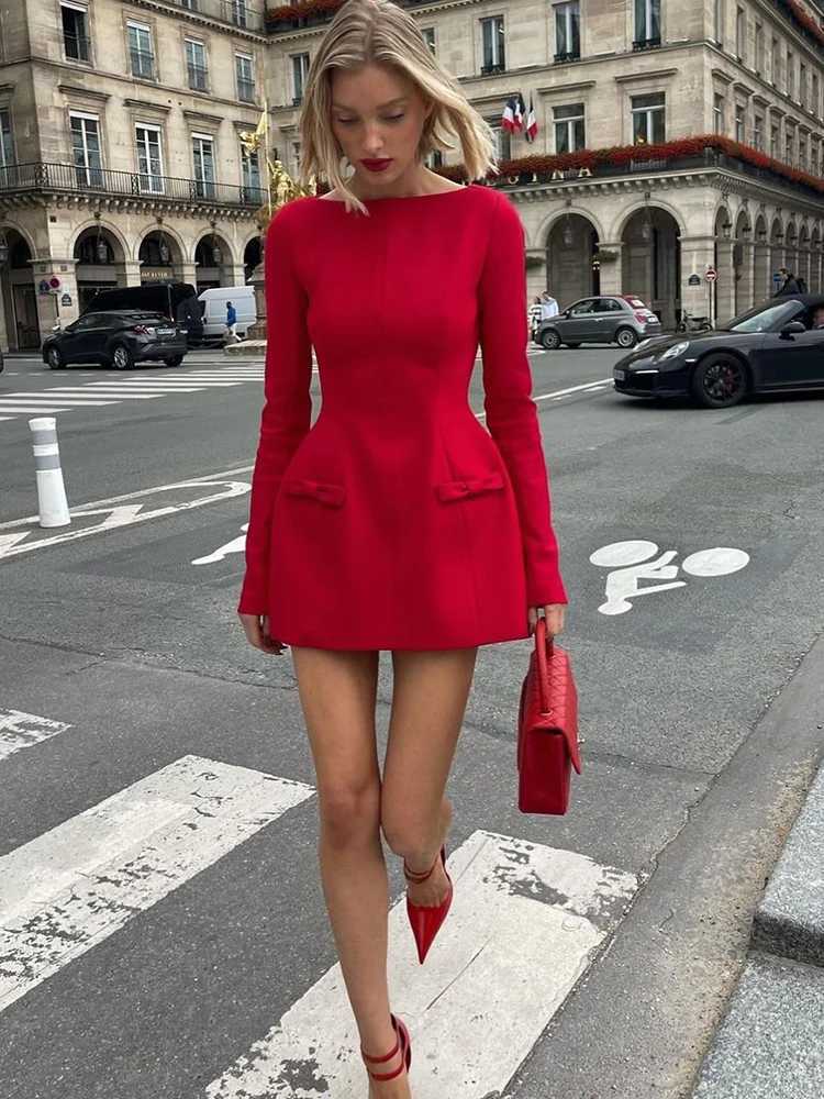 Basic Casual Dresses Fantoye Round Neck A-line Bow Women Dress Red Long Slve High Waist Blazer Dress Female Autumn Slim Elegant Party Club Outfits H25