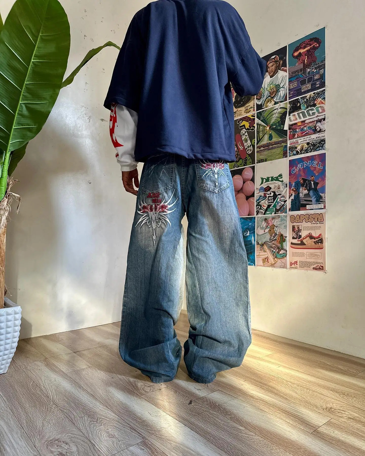Y2K Harajuku Hip Hop Embroidery Jeans Men Women Goth Punk Ripped Wide Leg Pants Fashion Retro Baggy Denim Pants Streetwear 250217