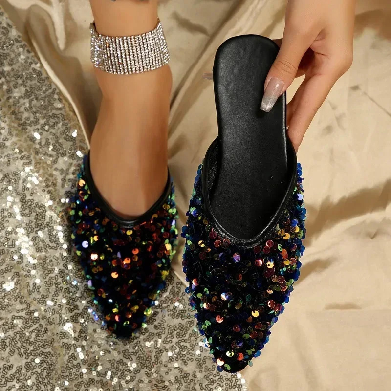 Shoes for Women 2024 Sparkling Rhinestones Womens Slippers Fashion Outer Wear Closed Toe Slippers Comfortabl Low Heel Mules 250217