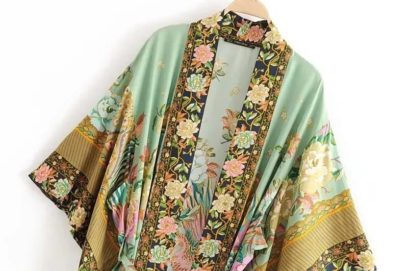 Boho Queen Peacock Floral Print Bat Sleeve Beach Bohemian Kimono Ladies V Neck Summer Happie Robe Bikini Coverups 250212