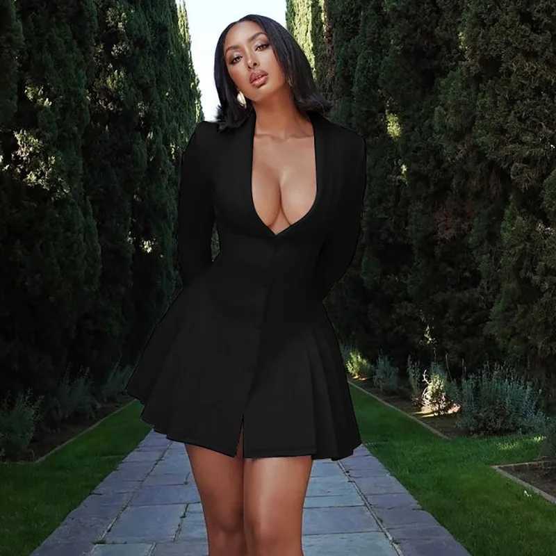 Basic Casual Dresses Lygens V Neck Long Slve Side Pleated Hem Wrap Blazer Suit Dress Fashion Elegant Fashion 2024 Y2K Strtwear Casual Clothing H25217