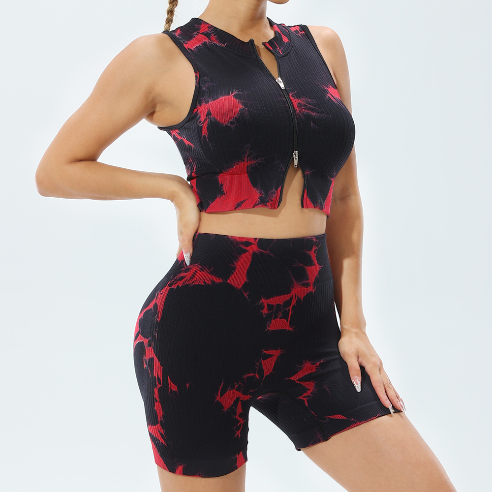 New women's fashionable and sexy tie dye zipper seamless yoga clothes casual running shorts fitness clothes training and sports set