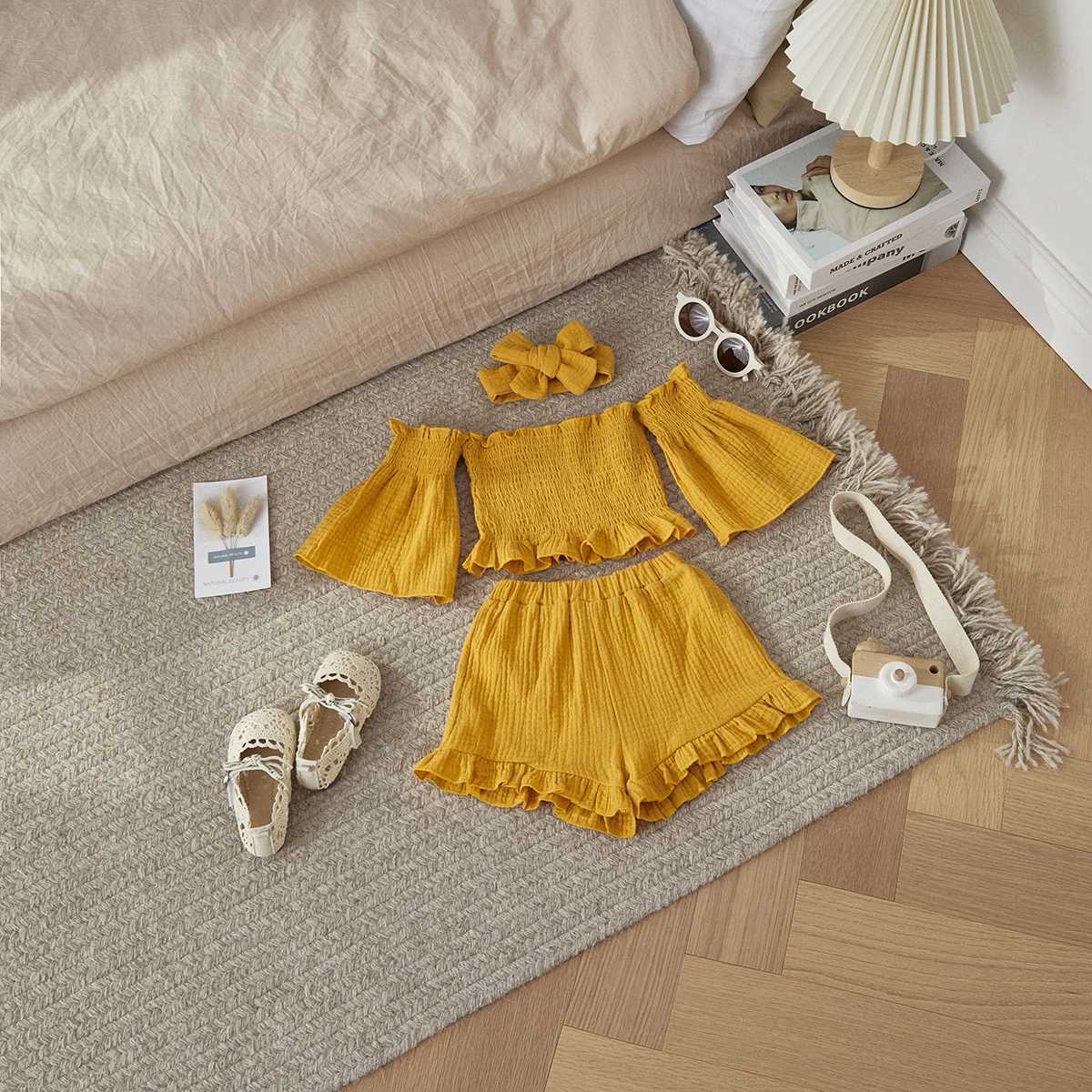 Listenwind 1-6Y Toddler Kid Girl Clothes Set Children Outfits Ruffle Off Shoulder Crop Tops Shorts Summer Holiday Clothing D08 W250218