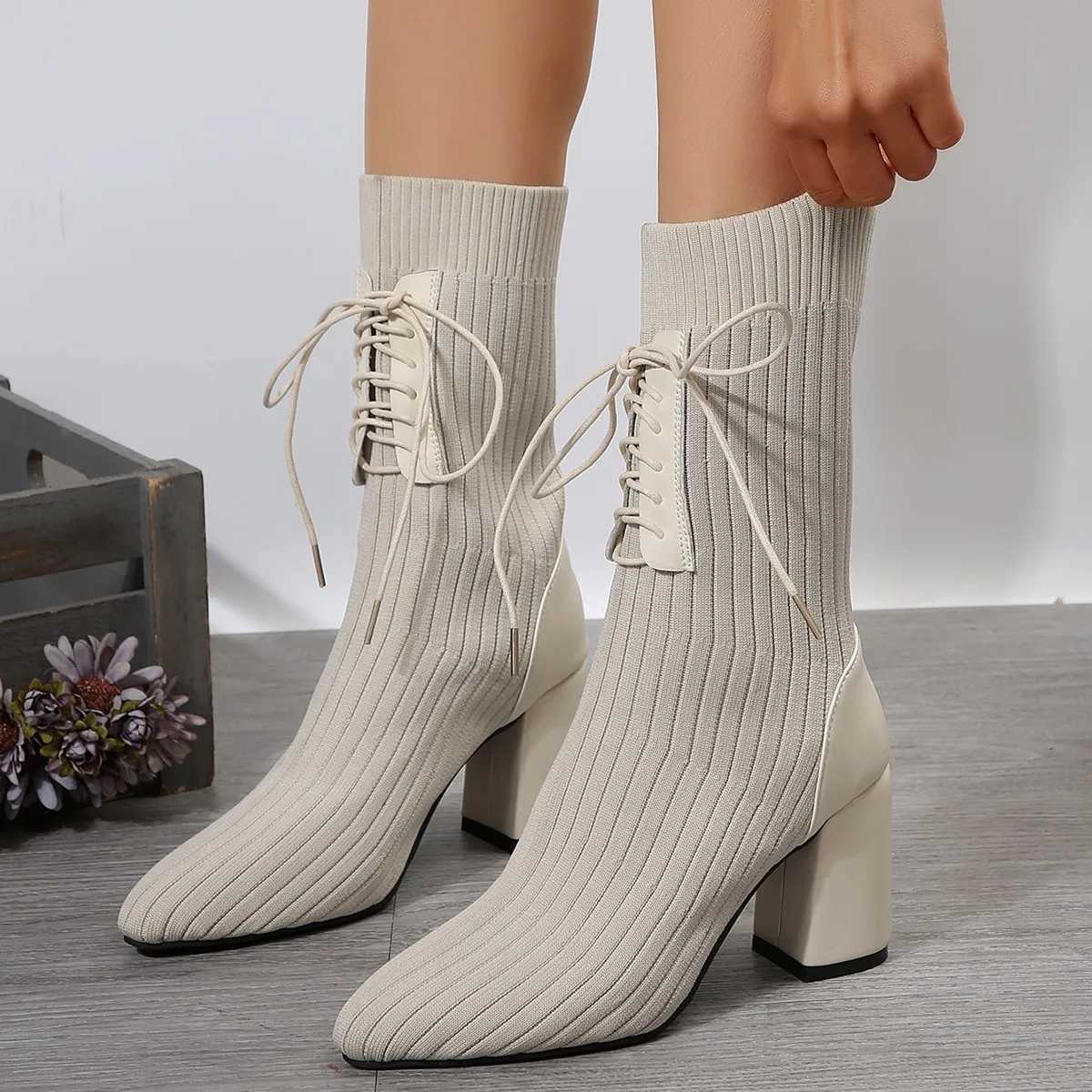 Pointed Chunky Heel Boots Black Surname High Lace-up Knit Sock Boots Plus Size 43 N-slip Banquet Boots Thigh High BlackXJ250217