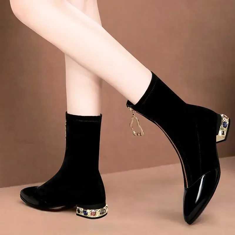 Women Shiny Sequin Ankle Boots Winter Fi Pointed Frt Zipper Rhine Square Heels Short Boots Motorcycle ShoesXJ250217
