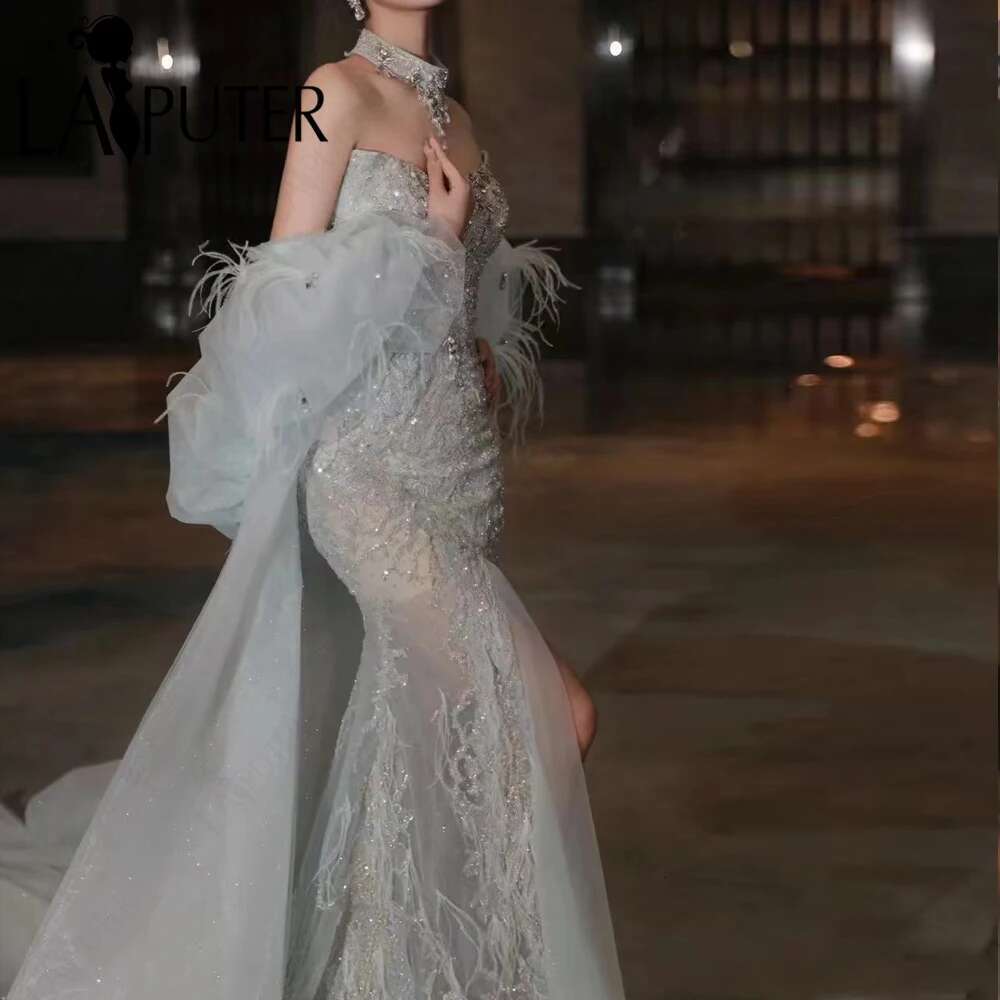 Sequin Blue Mermaid wedding dresses Sier Illusion Body Beaded Formal Dress Off Shoulder Side Sleeves Back Extra Cape Gown